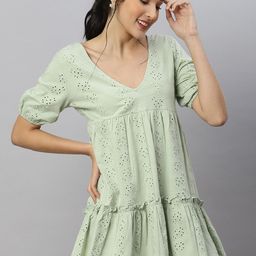 ANAI Self Design Puff Sleeves Cotton Schiffli A-Line Mini Dress-49