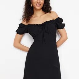 Trendyol Black Off-Shoulder Puff Sleeve A-Line Mini Dress-image-79