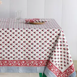 HANDICRAFT PALACE White & Red Floral Cotton Hand Block Printed Table Cover & 6pc Napkins-37