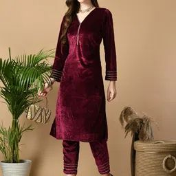 Sangria Maroon V-Neck Straight Velvet Kurta with Trousers-picture-37