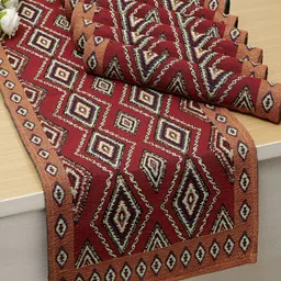 HOKIPO 7 Pieces Red & Brown Geometric Cotton Table Placemats With Runner-6