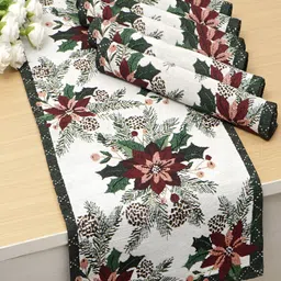 HOKIPO 7 Pieces Red & White Floral Pattern Cotton Table Placemats With Runner-56
