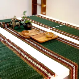 Peepul Tree 4-Pcs Green & Brown Woven Table Mats with Table Runner-43