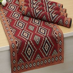 HOKIPO 5 Pieces Red & Brown Geometric Cotton Table Placemats & Runner-23