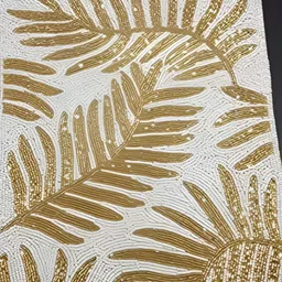 YWULY White & Gold Toned Embellished Beaded Rectangle Dining Table Placemat-0