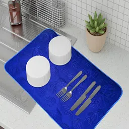 Kuber Industries Set Of 2 Cream & Blue Self Design Dish Dry Mat-29