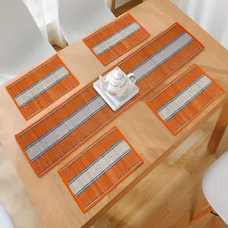 HOKIPO 5 Pieces Orange-Coloured & Beige Geometric Glass Table Placemats & Runner-35