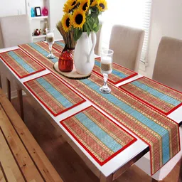 HOKIPO Madurkathi 7 Pieces Red & Blue Geometric Pattern Table Placemats & Runner-35