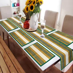 HOKIPO Madurkathi 7 Pieces Yellow & Green Geometric Table Placemats & Runner-3