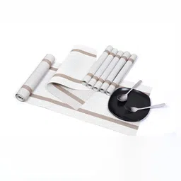 Wosta White & Brown 7 Pieces Striped Printed Table Placemats & Runner-19