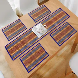 HOKIPO Madurkathi 5 Pieces Blue & Red Geometric Pattern Table Placemats & Runner-34