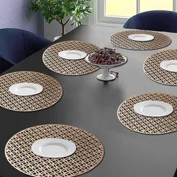 Dakshya Industries 6-Pcs Golden Self Design Round Table Placemats-23