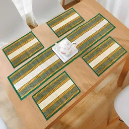 HOKIPO Madurkathi 5 Pieces Yellow & Green Geometric Pattern Table Placemats & Runner-36