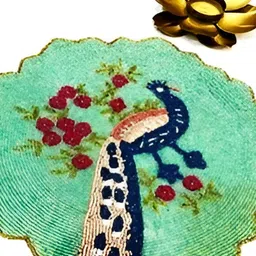 YWULY Green & Blue Peacock-Motif Embellished Glass-Beaded Dining Table Placemat-7