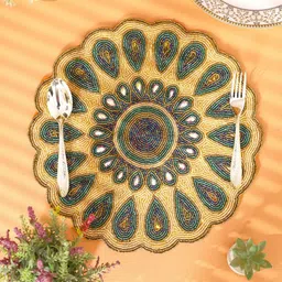 YWULY Mustard & Green Ethnic Motifs Beaded Table Placemats-50