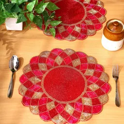 YWULY Red & Pink 2 Pieces Floral Printed Beaded Table Placemats-1