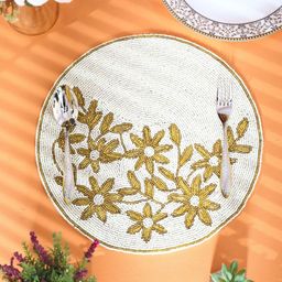 YWULY Cream & Gold Toned Floral Beaded Table Placemats-51