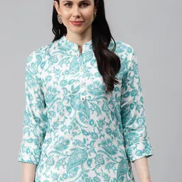 HIGHLIGHT FASHION EXPORT Blue Printed Mandarin Collar Roll-Up Sleeves Shirt Style Top-48