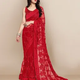 VAIRAGEE Red Ethnic Motifs Embroidered Net Saree-picture-1