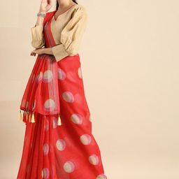 Sangria Red & White Zari Pure Linen Saree-image-50