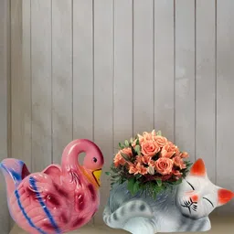 Garden Deco 2-Pcs Pink & White Printed Cat & Swan Ceramic Planters-52