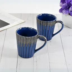 CLIO'S HERITAGE STORE Blue & Grey 2 Pieces Textured Ceramic Glossy Mugs 300 ML Each-4