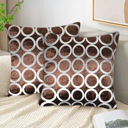 Tesmare Coffee Brown & Silver-Toned 2 Pcs Geometric Printed Velvet Square Cushion Covers-image-89