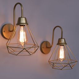 Homesake Set Of 2 Gold-Colored Diamond Cage-Shaped  Wall Lamps-89