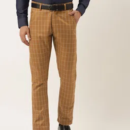 JAINISH Men Brown Checked Pure Cotton Smart Tapered Fit Easy Wash Trousers-image-95
