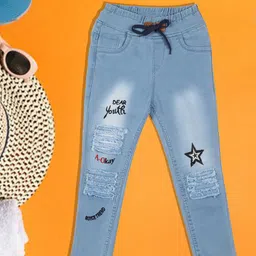 A-Okay Kids Turquoise Blue Embroidered Slim Fit Easy Wash Trousers-image-69