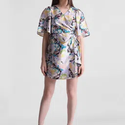 ONLY Floral Printed V-Neck Flared Sleeves Gathers Wrap Dress-picture-13