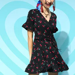 Berrylush Black & Red Printed Crepe Wrap Dress-image-36