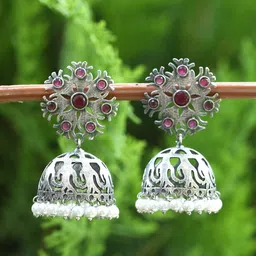Sangria Red Silver-Plated Stone Studded Oxidised Jumkas-image-36