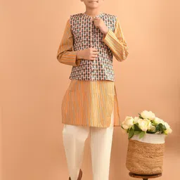 LilPicks Boys Striped Mandarin Collar Cotton Straight Kurta & Trousers With Nehru Jacket-53
