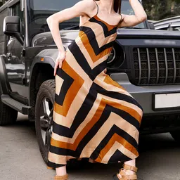 MANGO Beige & Black Printed Satin A-Line Midi Sustainable  Dress-image-8