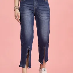 plusS Women Blue High-Rise Clean Look Heavy Fade Front Slit Cotton Jeans-52