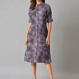 W Purple & Grey Printed Pure Cotton A-Line Midi Dress-image-69