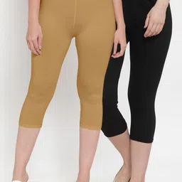 Jinfo Women Pack of 2 Black and Beige Cotton Lycra Capris-image-53