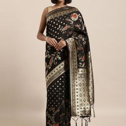 Mitera Black & Gold-Toned Woven Design Zari Silk Blend Banarasi Saree-image-37