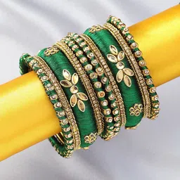Peora Set Of 10 Green Gold-Plated Designer Silk Thread Bangles-38
