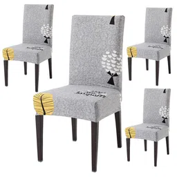 HOKIPO 4 Pieces Grey Printed Stretchable Dining Chair Covers-image-77