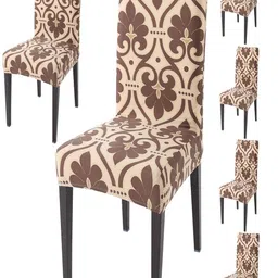 HOKIPO Brown & Beige 6 Pieces Printed Stretchable Chair Covers-5