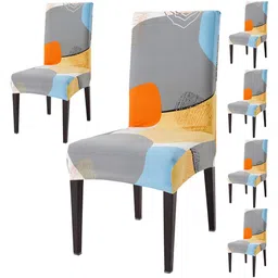 HOKIPO Grey & Orange 6 Pieces Printed Stretchable Chair Covers-8