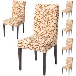HOKIPO Beige & Brown 6Pcs Printed Stretchable Chair Covers-15