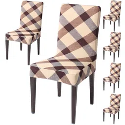 HOKIPO  Beige & Brown 6Pcs Printed Stretchable Chair Covers-16