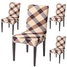 HOKIPO 4 Pieces Beige & Brown Printed Stretchable Chair Covers-11