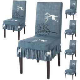 HOKIPO Teal Blue & White 6 Pieces Printed Stretchable Frill Chair Covers-image-30