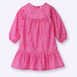 Beebay Girls Floral Printed Puff Sleeves Pleated Flounce Hem Cotton Drop-Waist Dress-picture-52