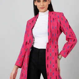 INDOPHILIA Geometric Printed Ikat Satin Cotton Open Front Casual Blazer-16
