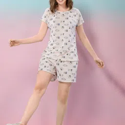 NIGHT FLOSS Printed Round Neck Short Sleeves Pure Cotton T-Shirt With Shorts-image-83